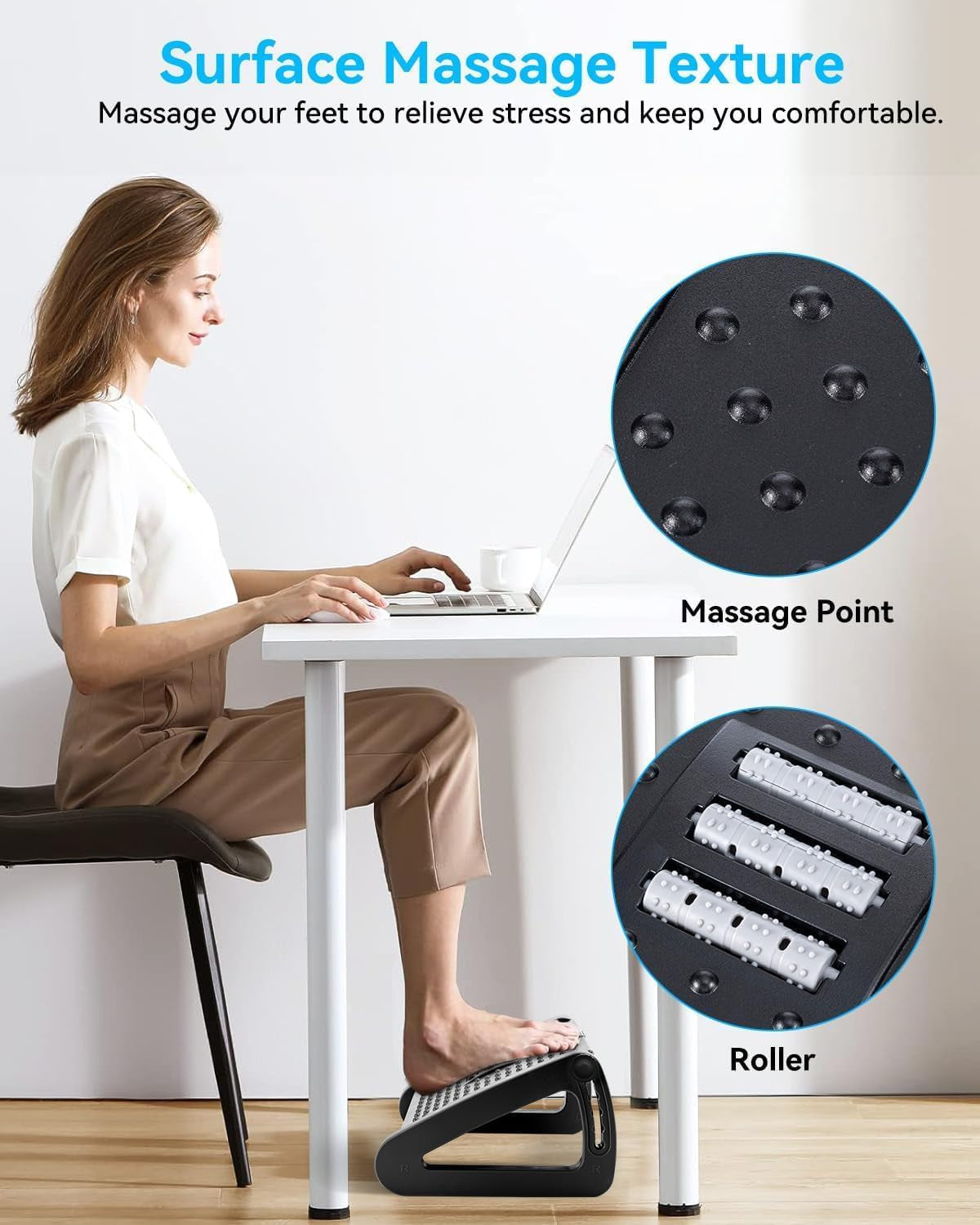 Foot Rest under Desk Ergonomic - 6 Height Adjustable, Manual Massage Rollers, Premium Vinyl Cover & Sturdy Plastic Frame for Home Office & Gaming