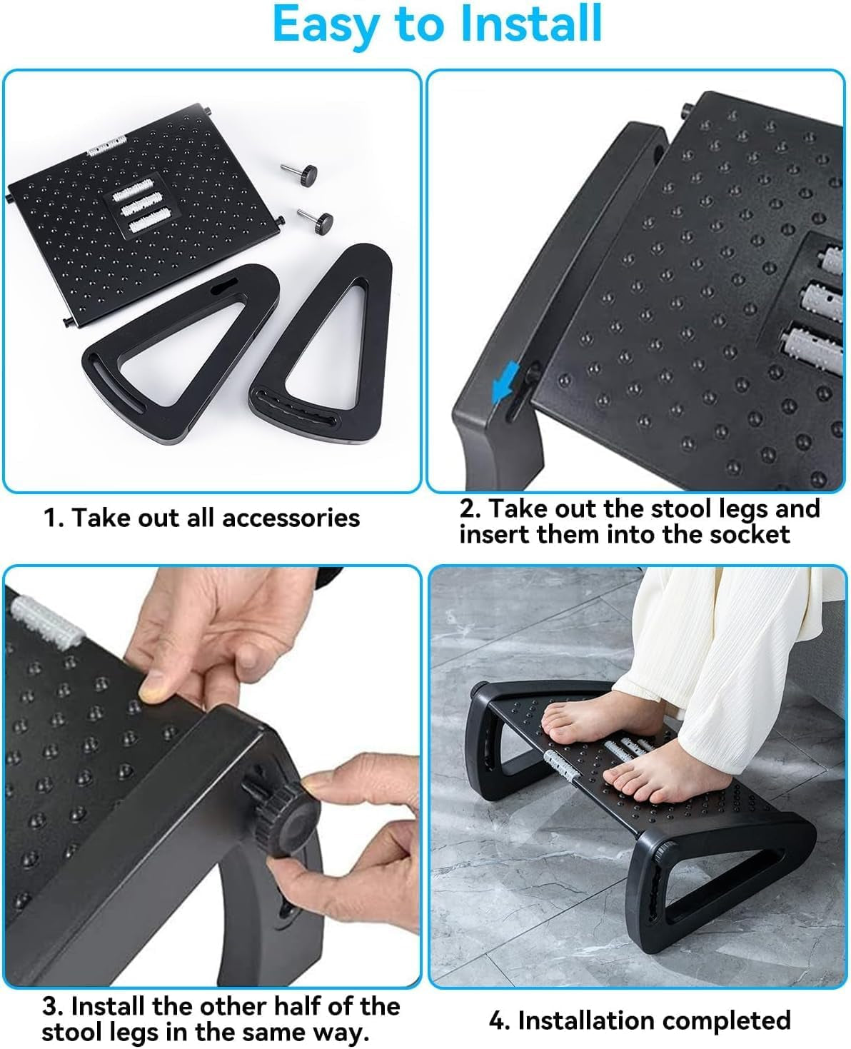 Foot Rest under Desk Ergonomic - 6 Height Adjustable, Manual Massage Rollers, Premium Vinyl Cover & Sturdy Plastic Frame for Home Office & Gaming