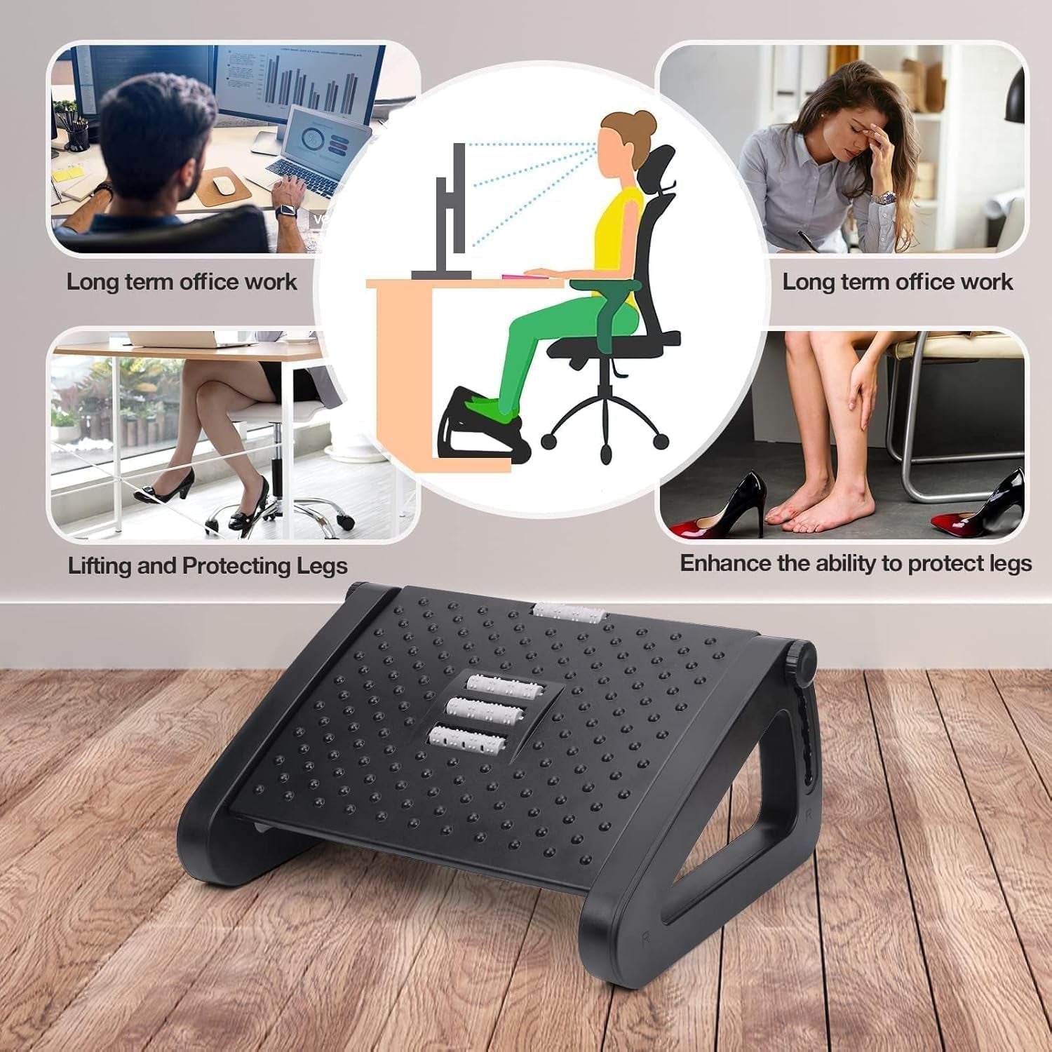 Foot Rest under Desk Ergonomic - 6 Height Adjustable, Manual Massage Rollers, Premium Vinyl Cover & Sturdy Plastic Frame for Home Office & Gaming